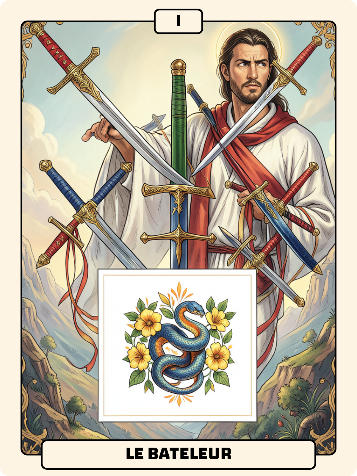 6 d'Épée + Arcane majeur 1 + 2 de Rose