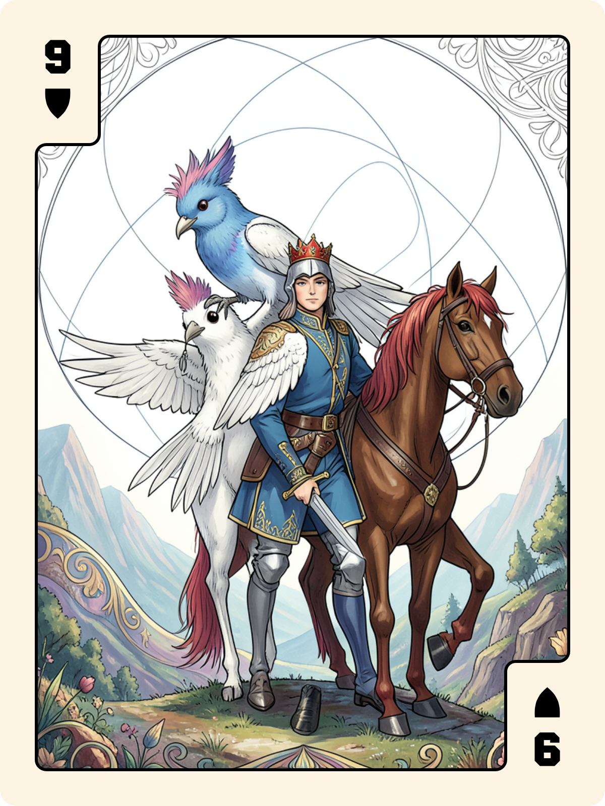 Roi de Trèfle + 9 de Bouclier + Cavalier de Denier