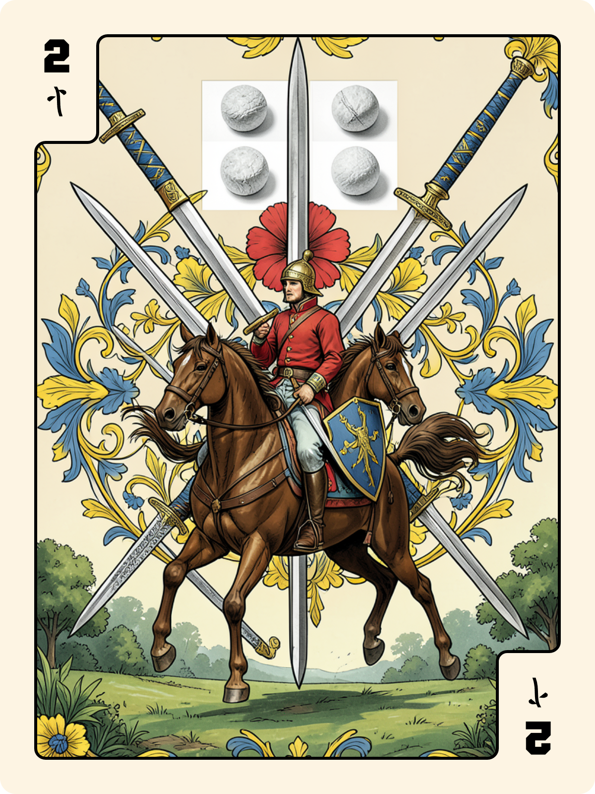 10 de Trèfle + 2 de Bâton + Cavalier d'Épée