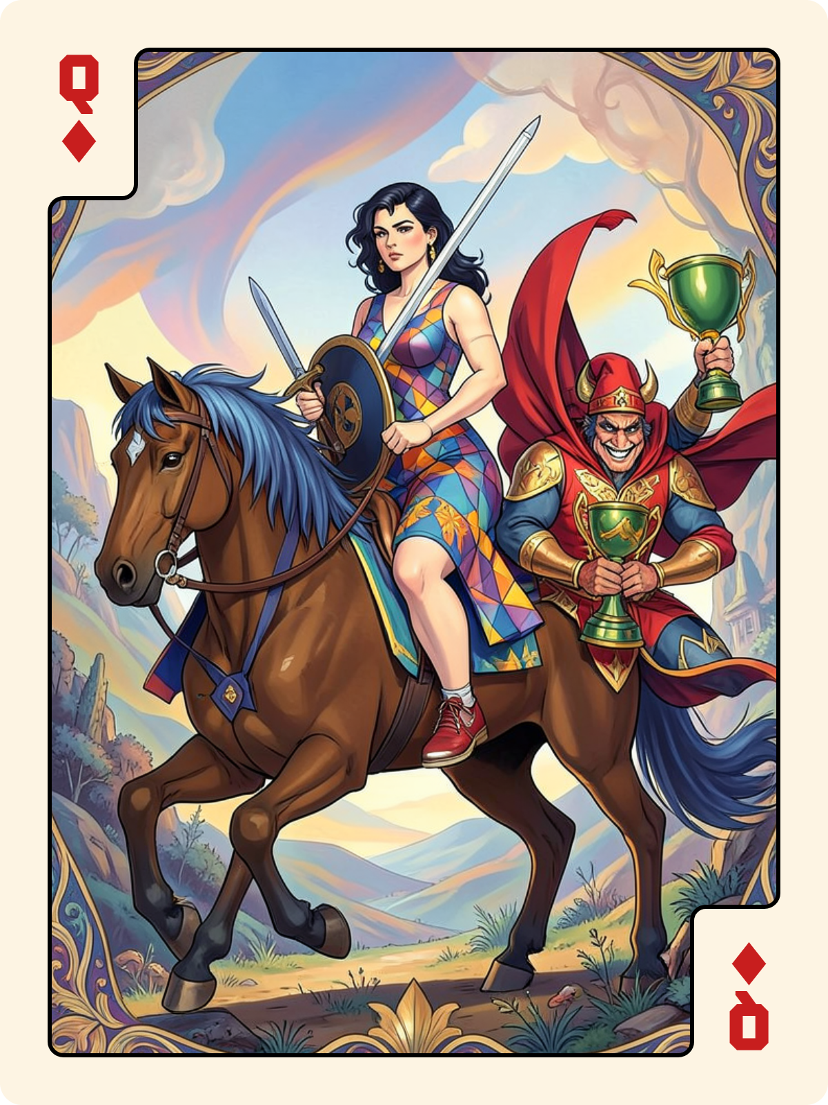 Cavalier de Denier + Dame de Carreau + Cavalier de Coupe