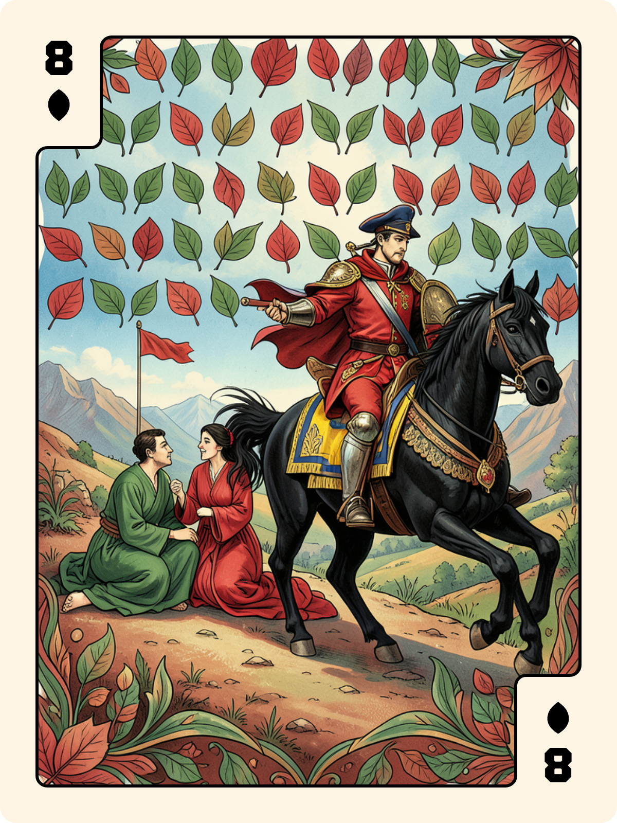 10 de Pique + 8 de Feuille + Cavalier d'Épée
