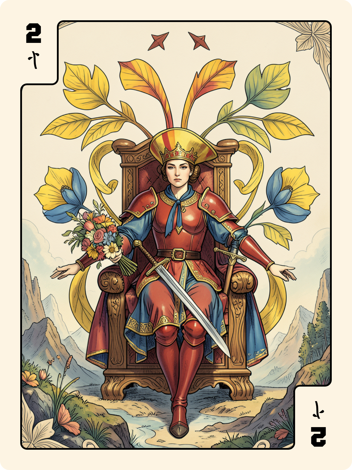 Dame de Carreau + 2 de Bâton + Dame de Bâton