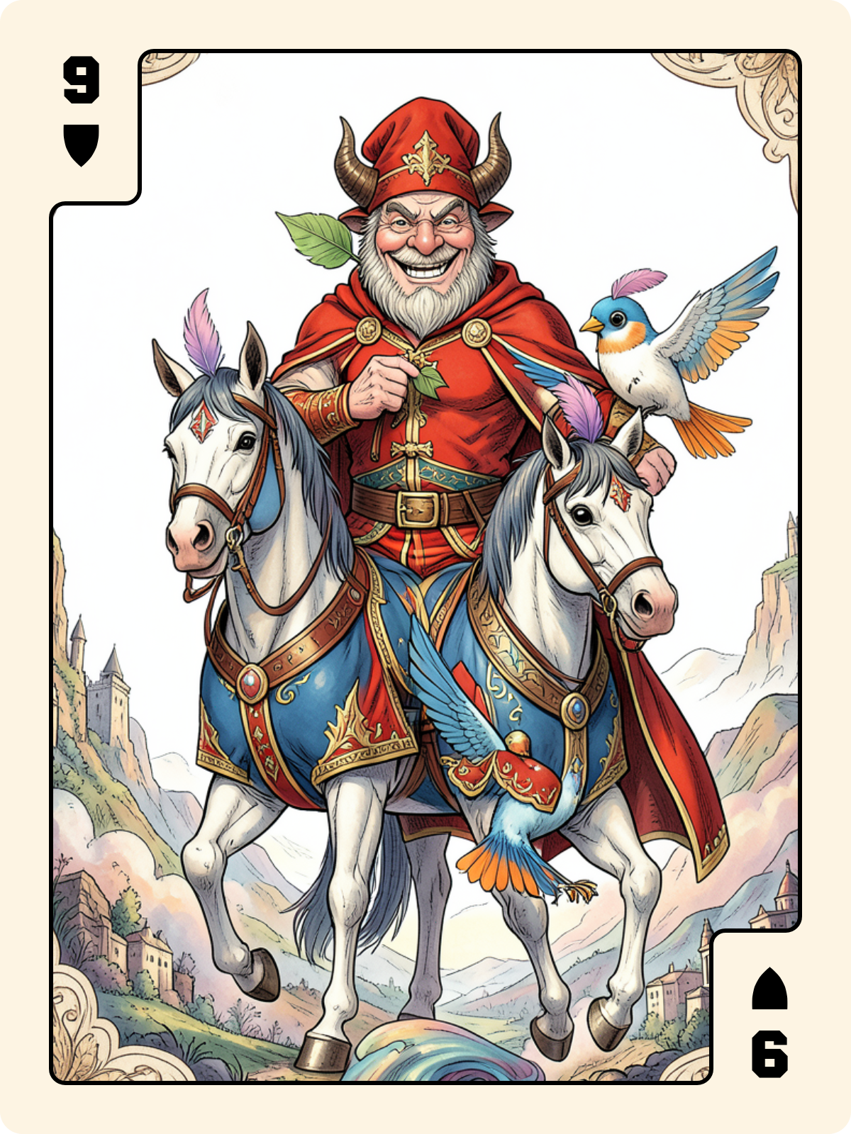 Cavalier de Coupe + 9 de Bouclier + Roi de Trèfle