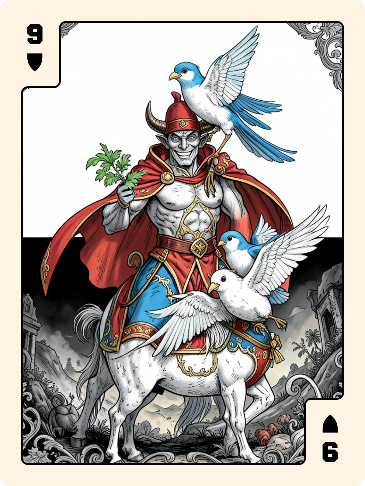 Cavalier de Coupe + 9 de Bouclier + Roi de Trèfle