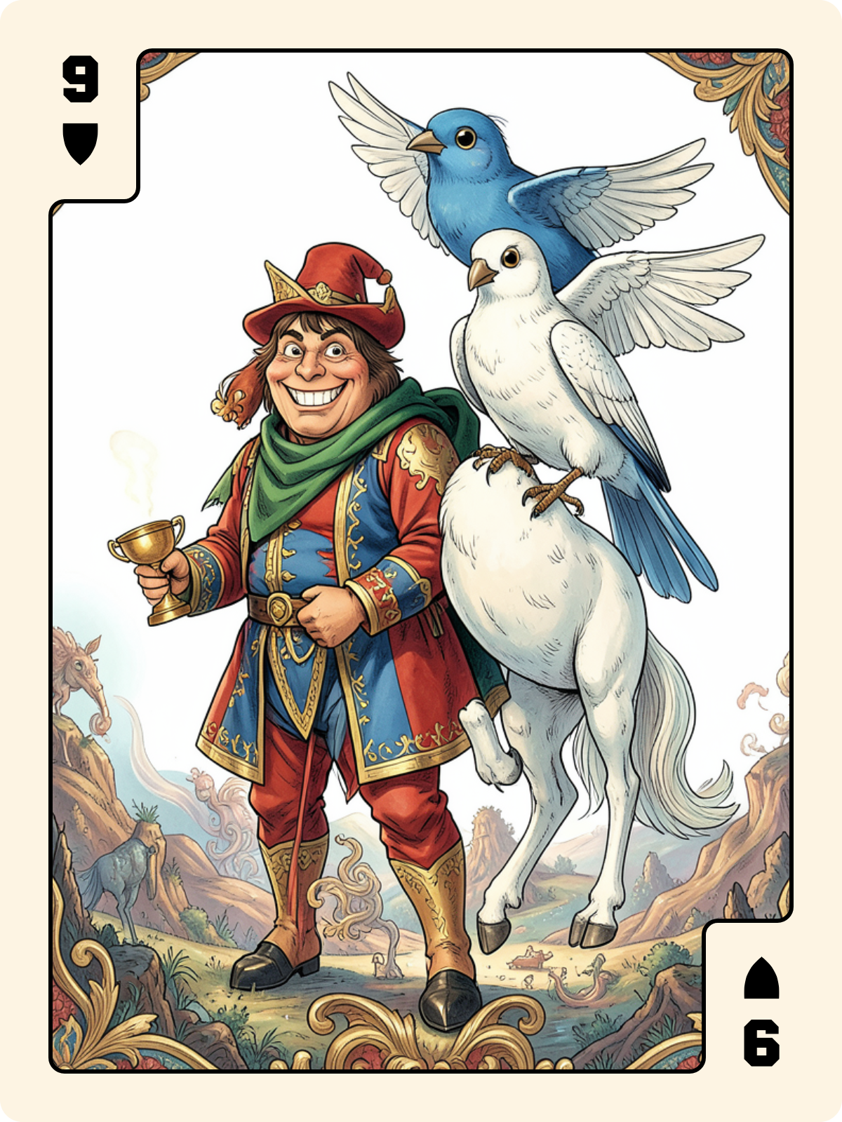 Cavalier de Coupe + 9 de Bouclier + Roi de Trèfle