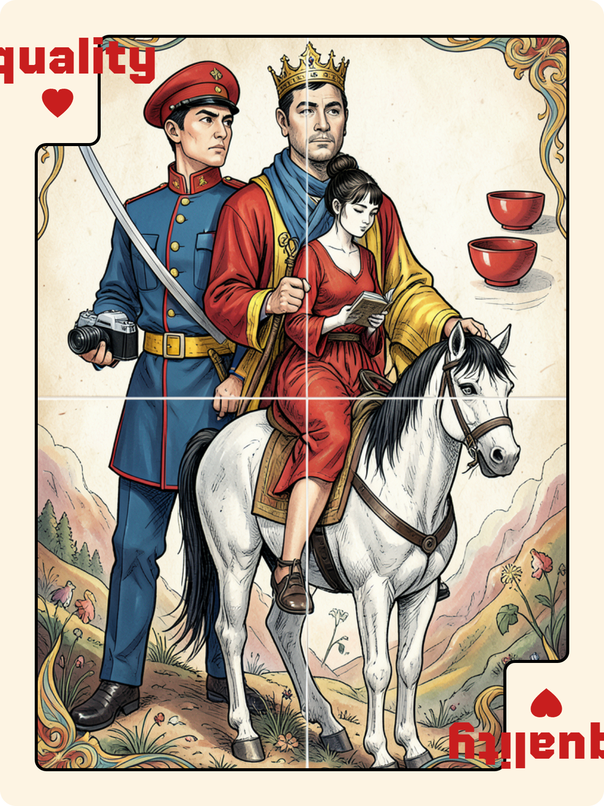Roi de Coupe + Égalité de Cœur + Cavalier de Coupe