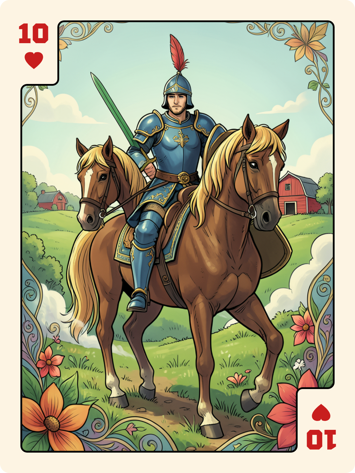 Cavalier de Bâton + 10 de Cœur + 9 de Rose