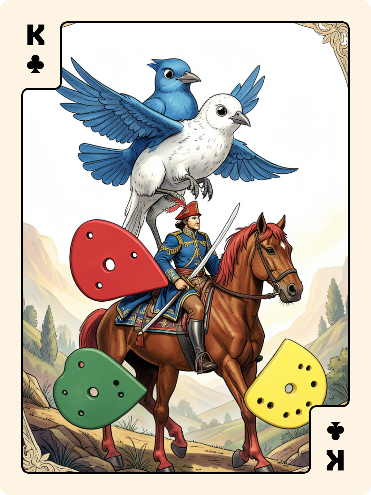 Cavalier de Denier + Roi de Trèfle + 5 de Bâton