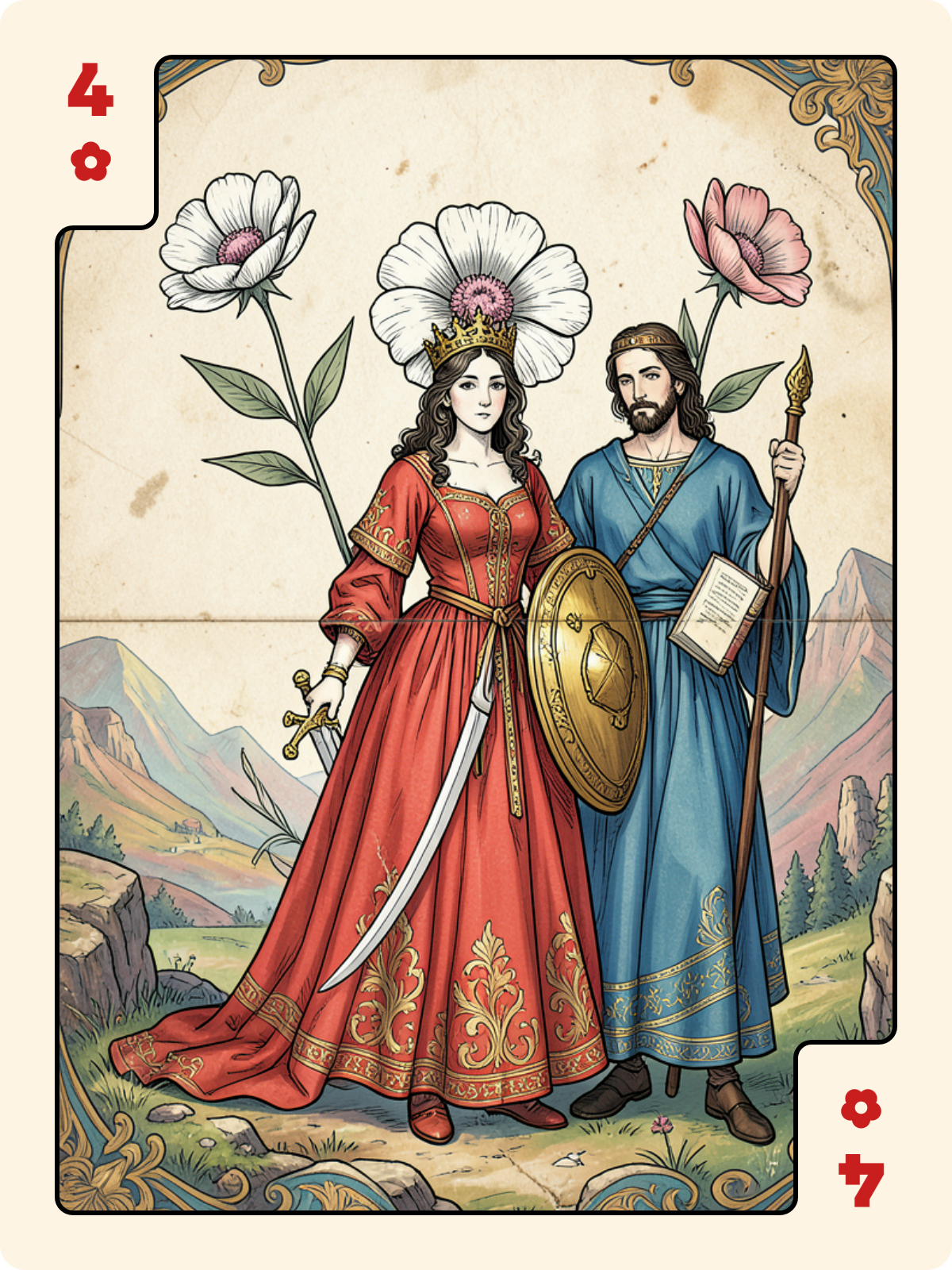 Atout 3 + 4 de Rose + Dame de Cœur
