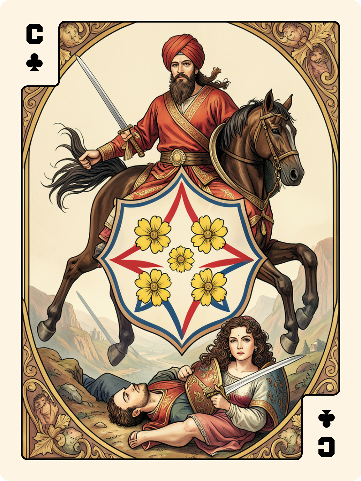 Dame de Cœur + Cavalier de Trèfle + 6 de Denier