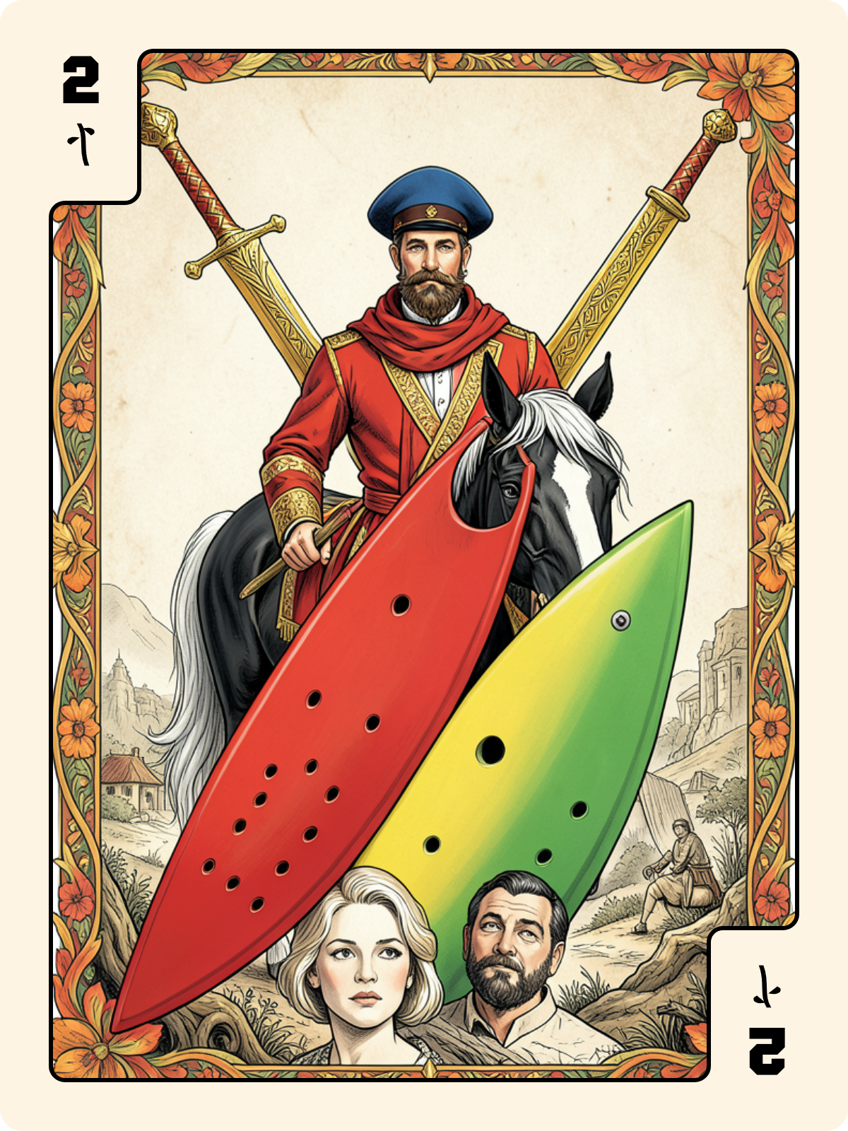 Cavalier de Cœur + 2 de Bâton + 5 de Bâton