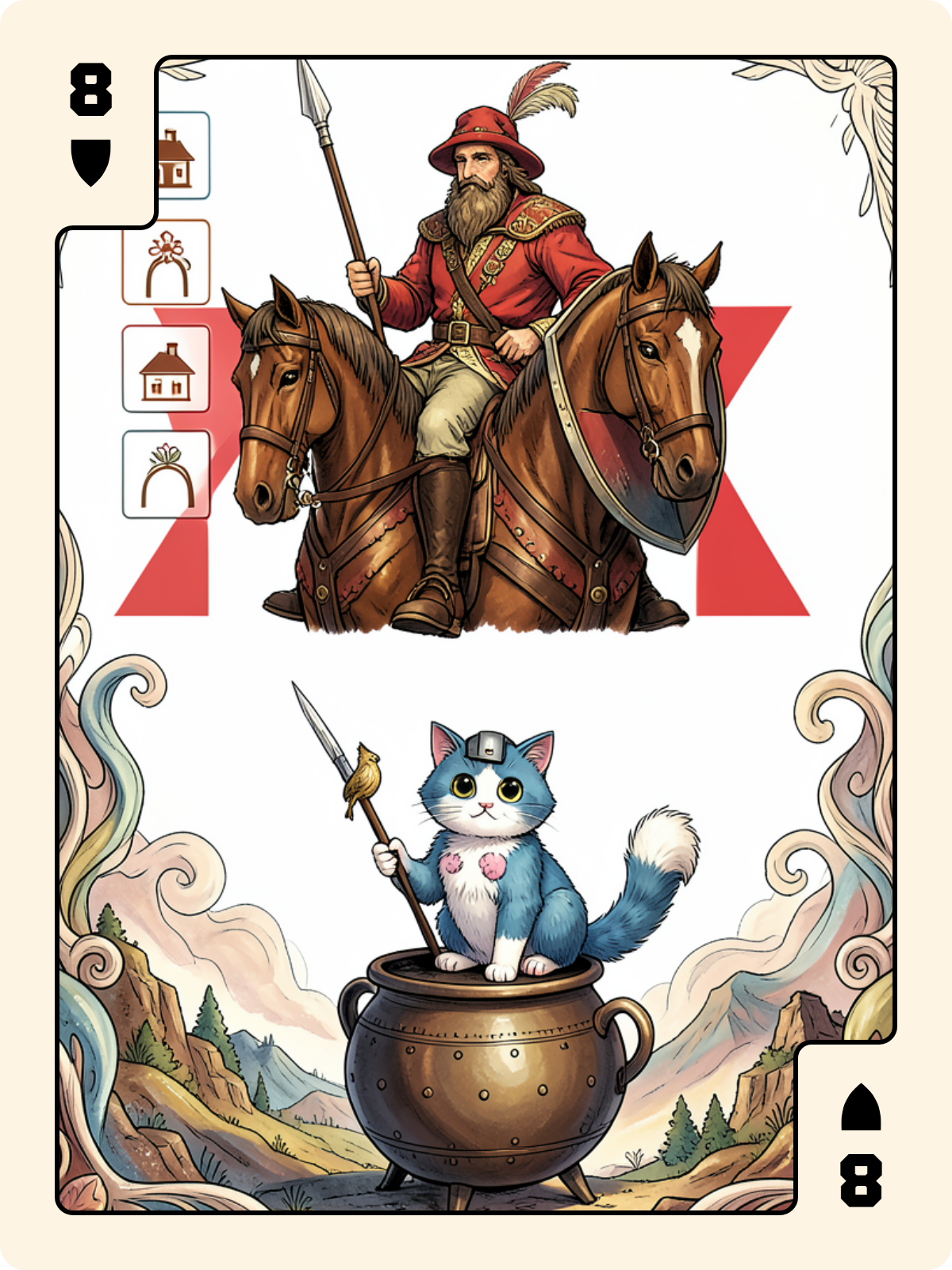 Cavalier de Carreau + 8 de Bouclier + Joker