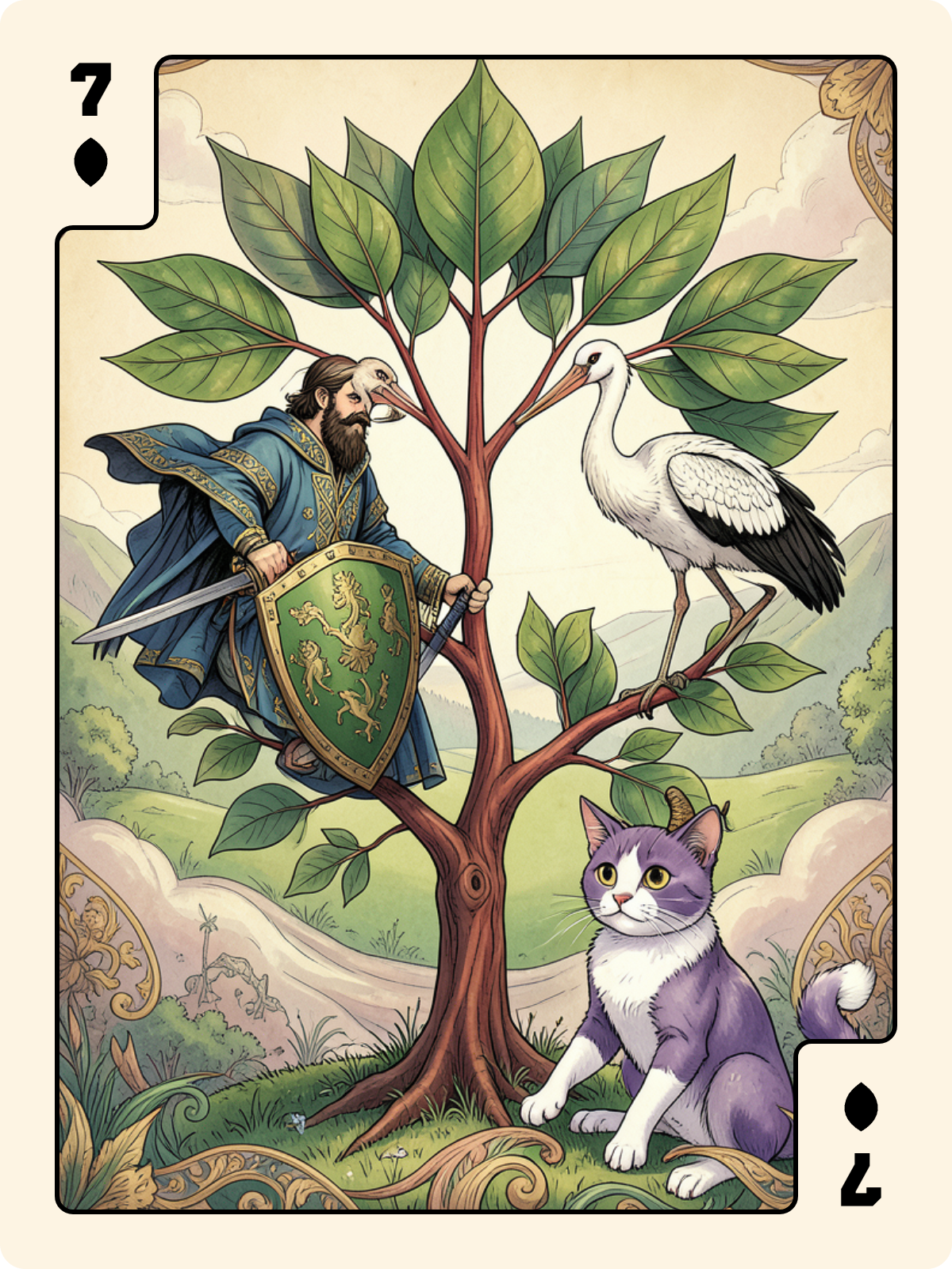 Roi de Bâton + 7 de Feuille + Dame de Carreau