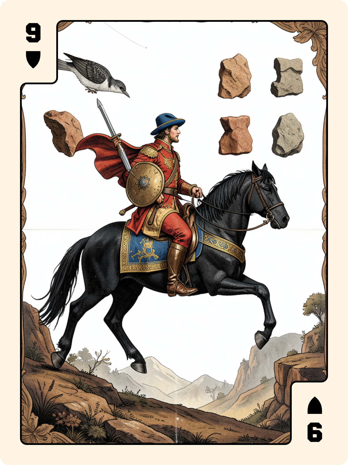 Cavalier d'Épée + 9 de Bouclier + 10 de Trèfle