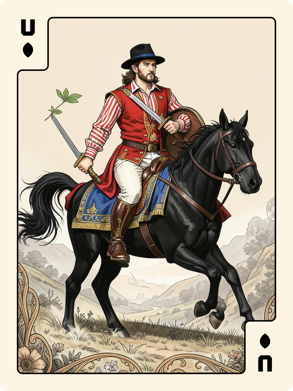 8 de Pique + Unter de Feuille + Cavalier d'Épée