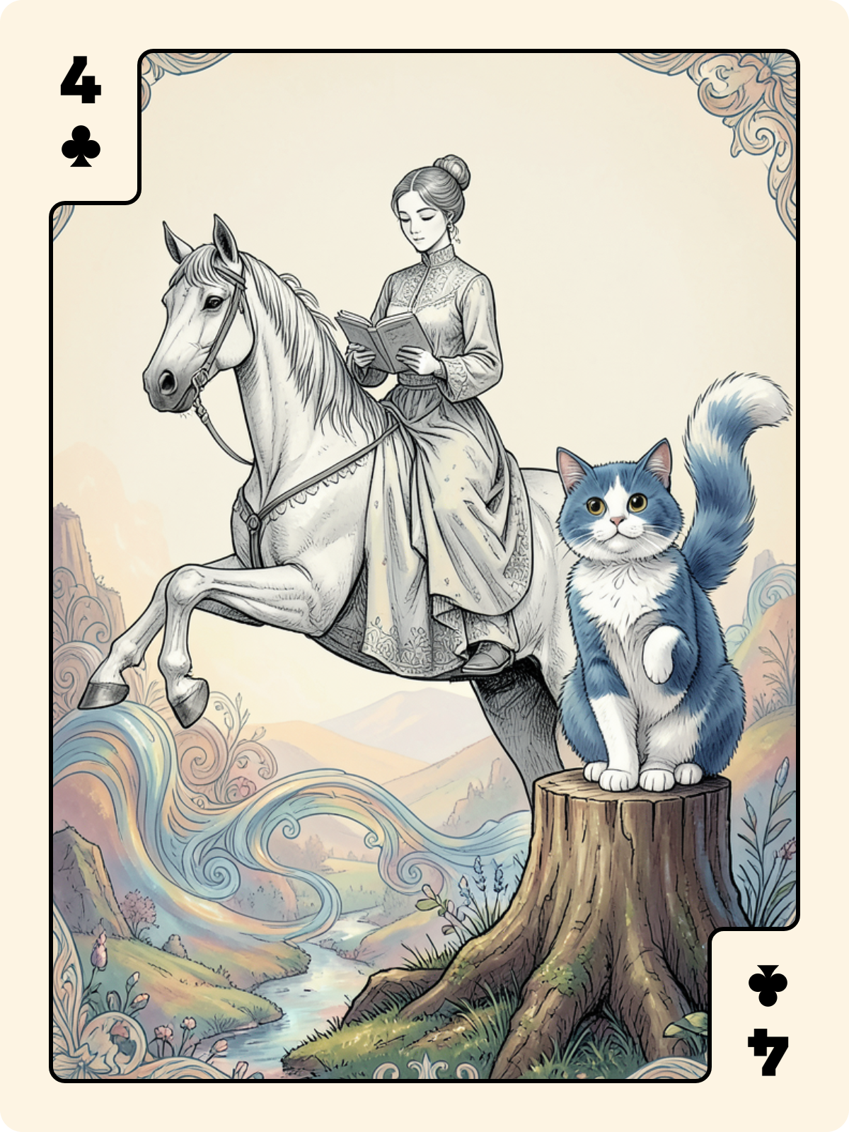 Cavalier de Coupe + 4 de Trèfle + Joker