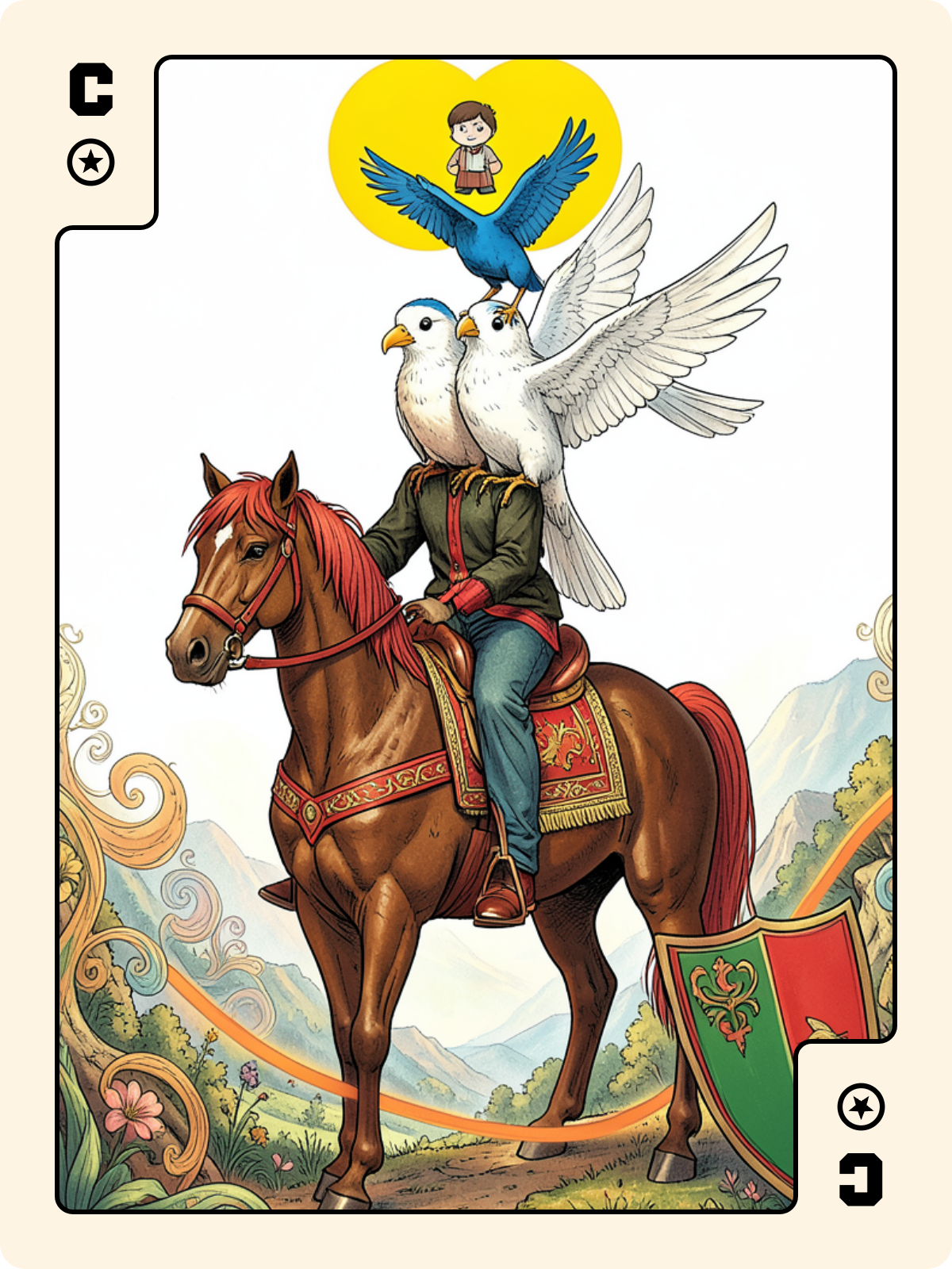 Roi de Trèfle + Cavalier de Denier + 10 de Bouclier