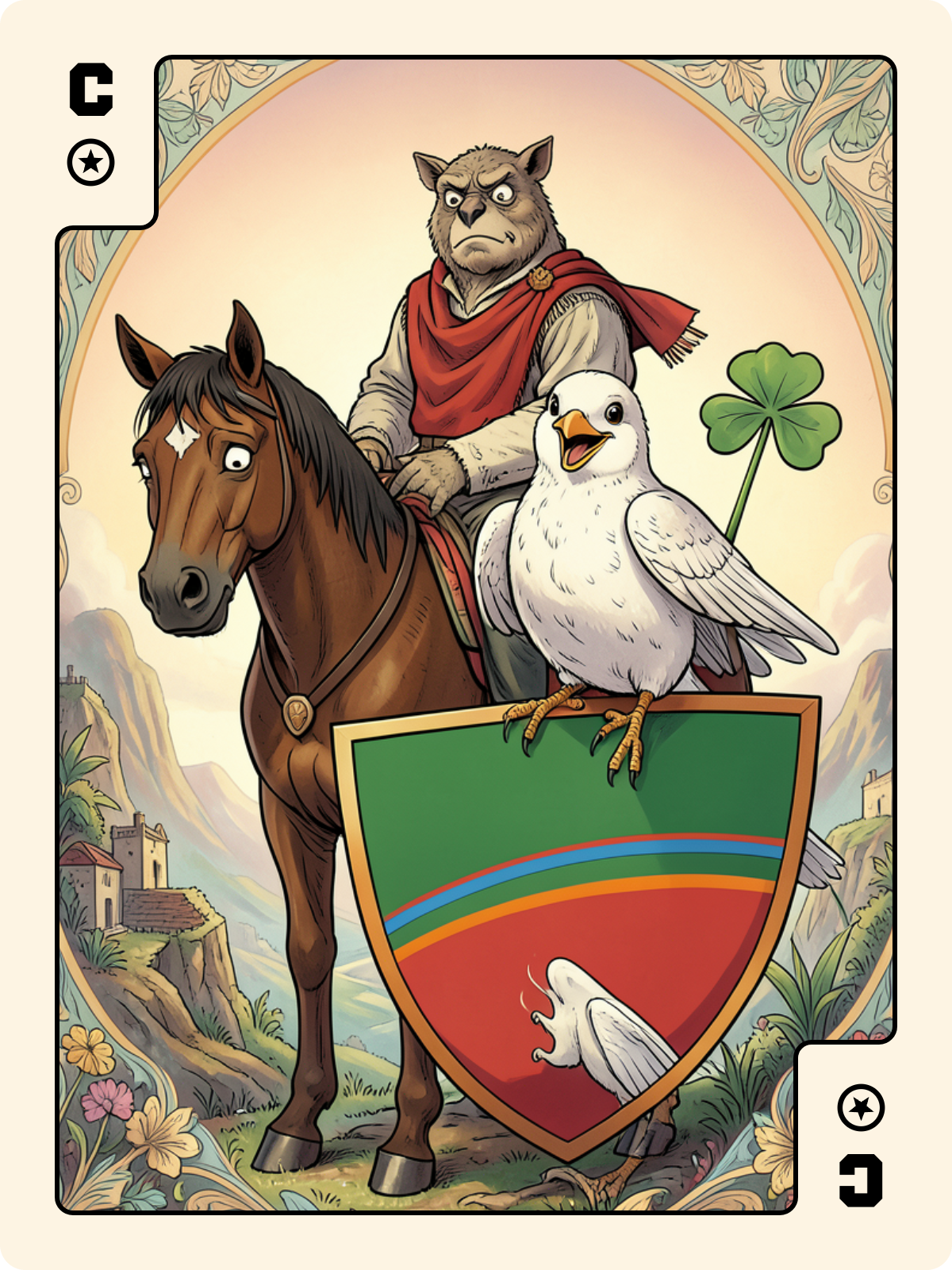 Roi de Trèfle + Cavalier de Denier + 10 de Bouclier