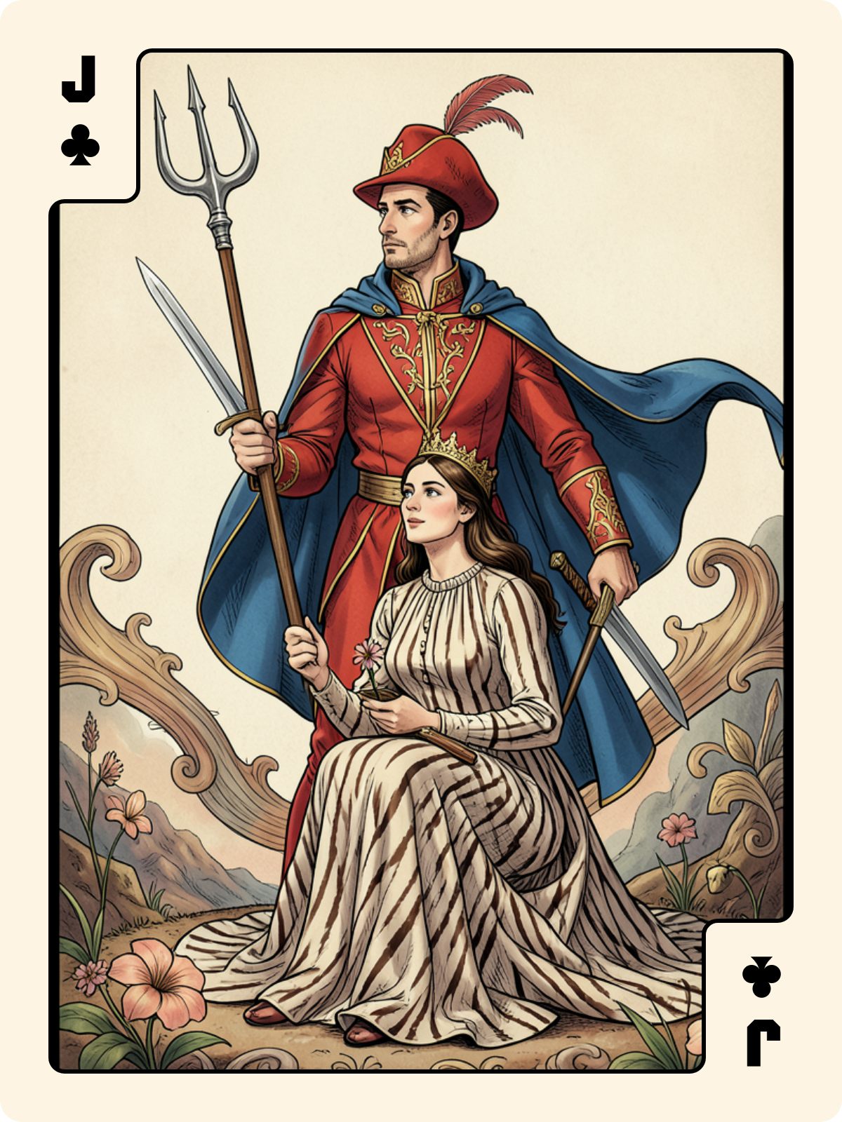 Roi de Bâton + Valet de Trèfle + As de Rose