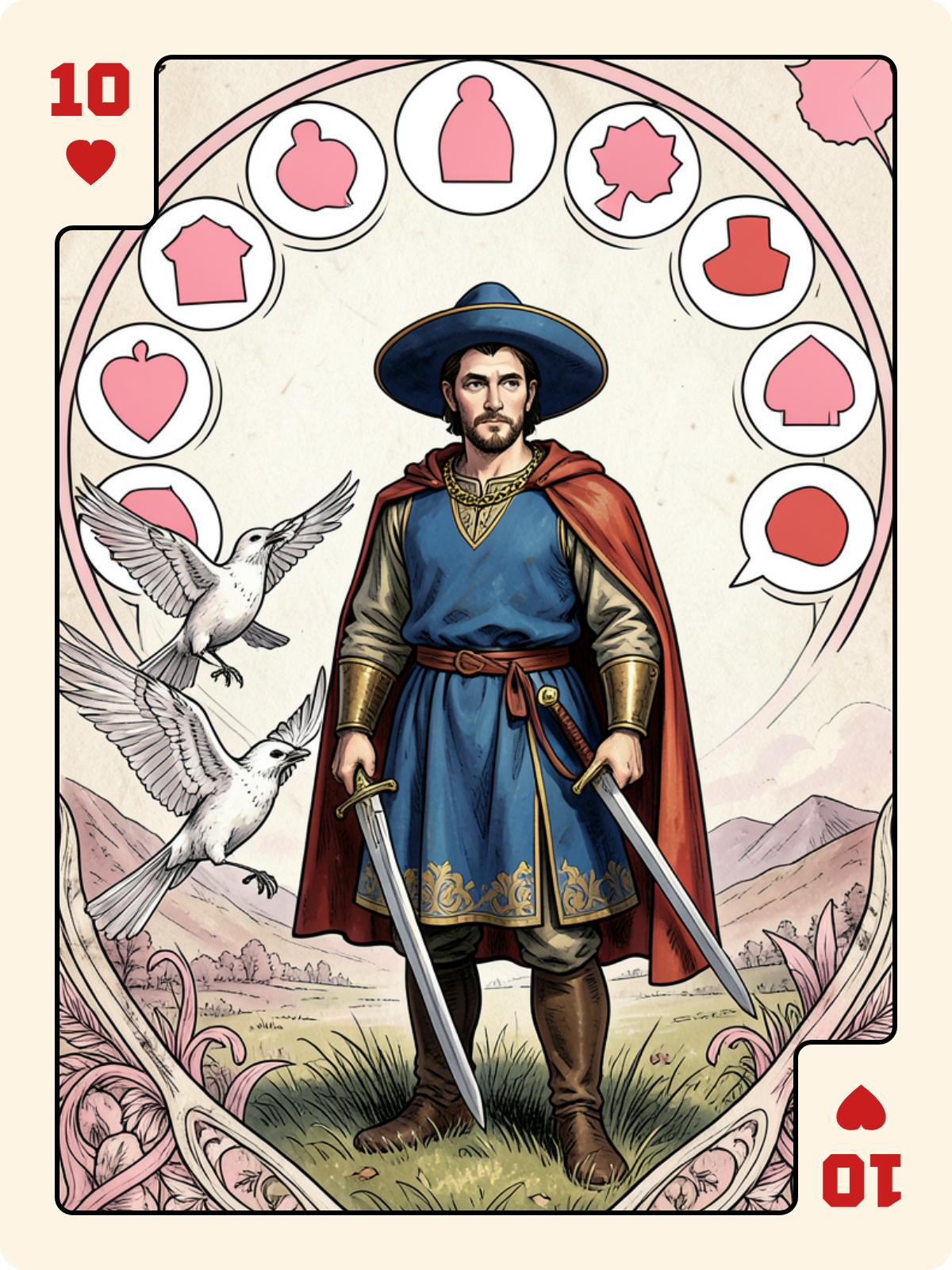 Valet d'Épée + 10 de Cœur + 9 de Bouclier
