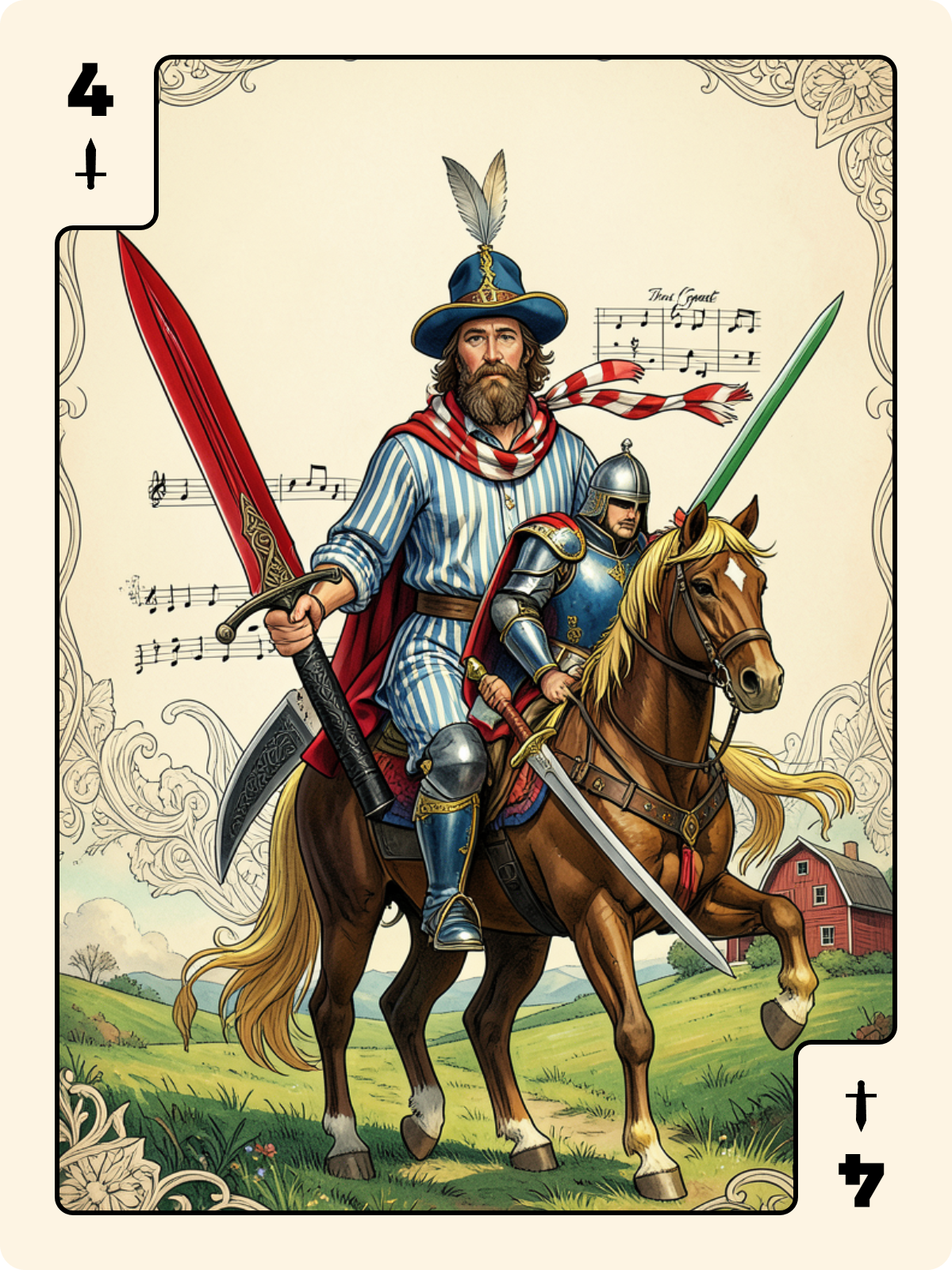 Roi de Carreau + 4 d'Épée + Cavalier de Bâton