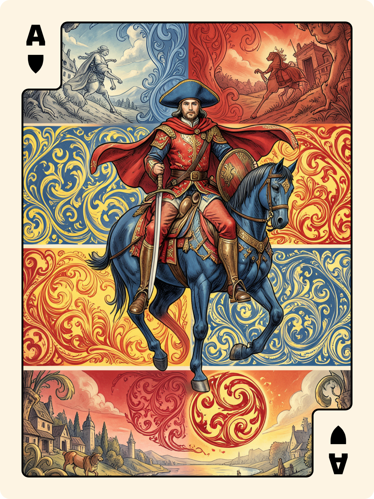 Cavalier de Bâton + As de Bouclier + 7 de Coupe