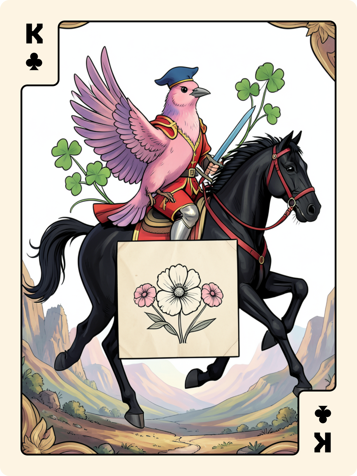 Cavalier d'Épée + Roi de Trèfle + 4 de Rose