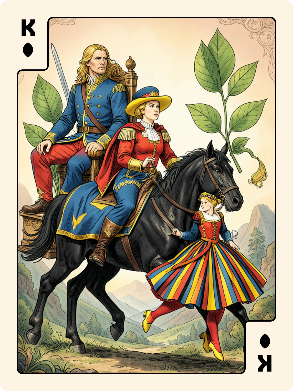 Cavalier d'Épée + Roi de Feuille + Valet de Coupe