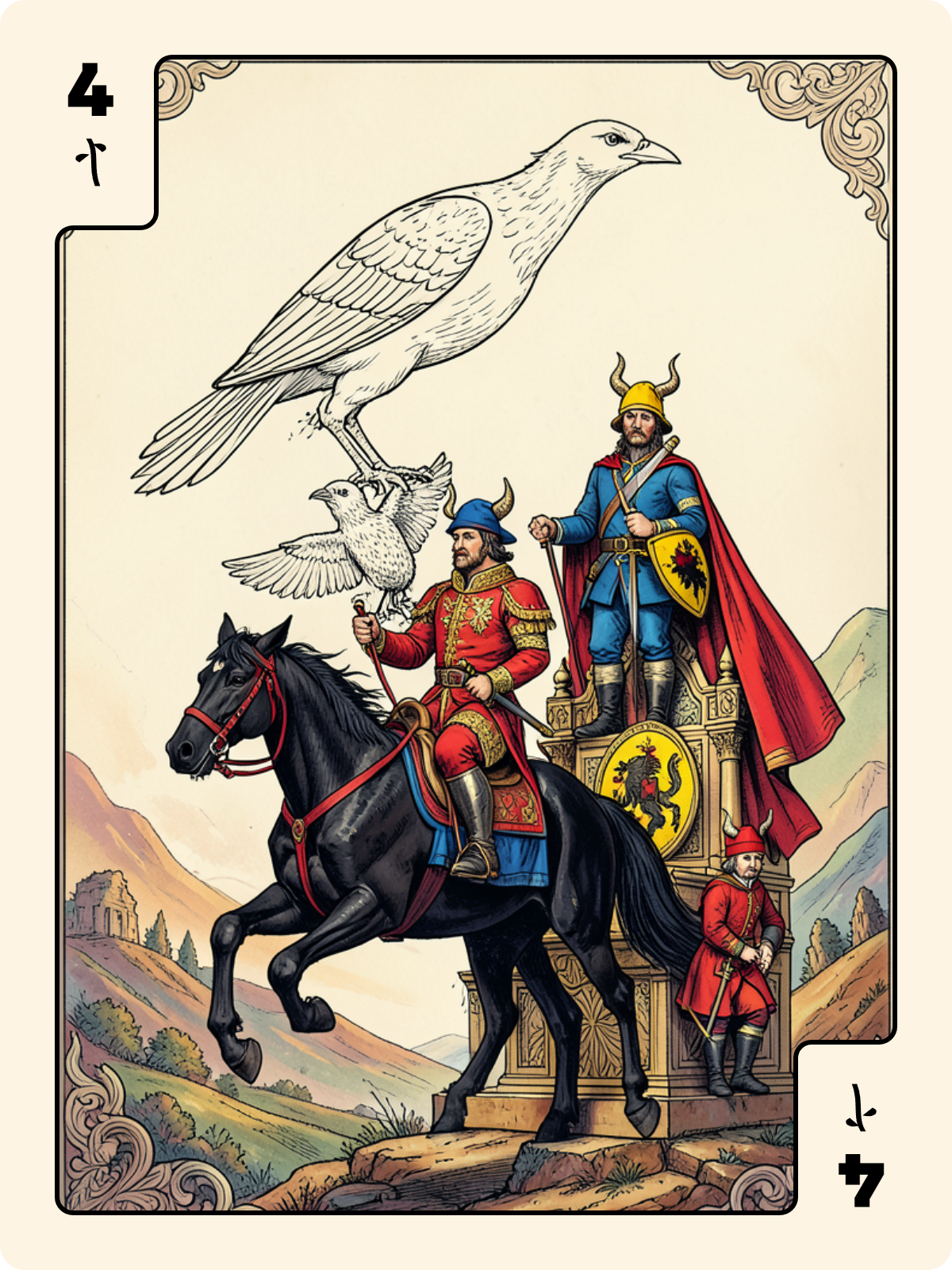 Cavalier d'Épée + 4 de Bâton + Atout 15