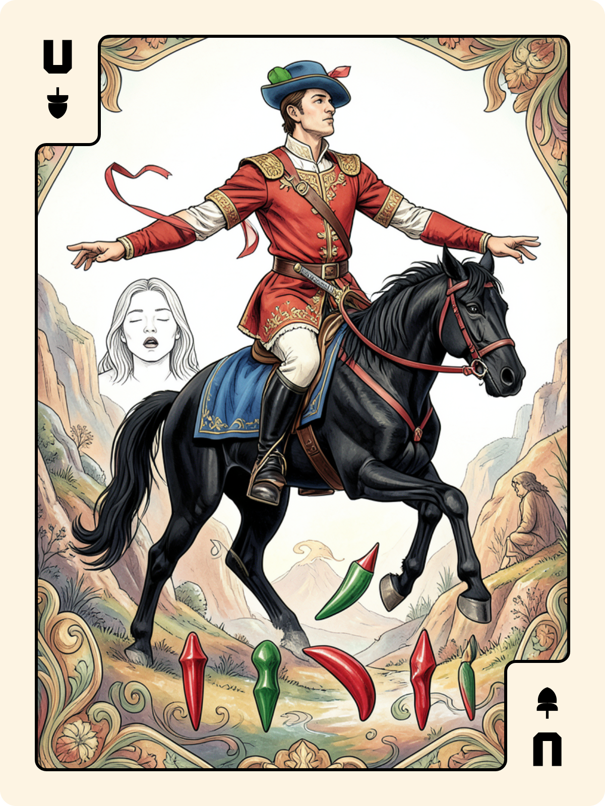 Cavalier d'Épée + Unter de Gland + 5 de Bâton