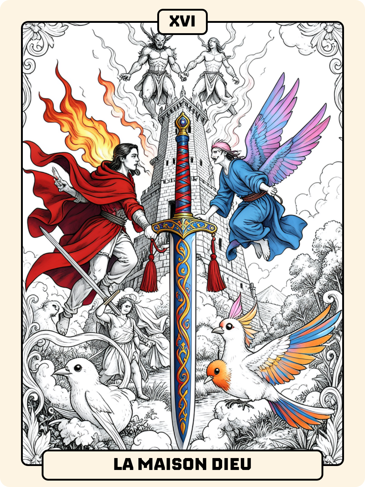 As d'Épée + Arcane majeur 16 + Roi de Trèfle
