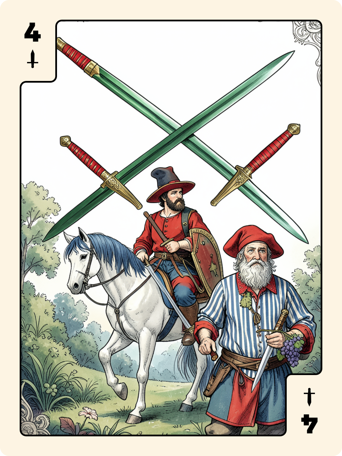 Cavalier de Trèfle + 4 d'Épée + Génie de Trèfle