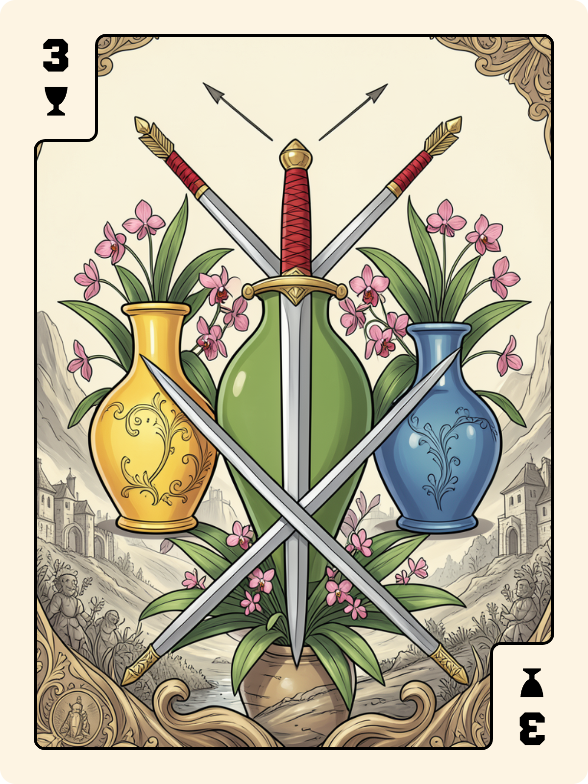 3 d'Épée + 3 de Coupe + As de Rose
