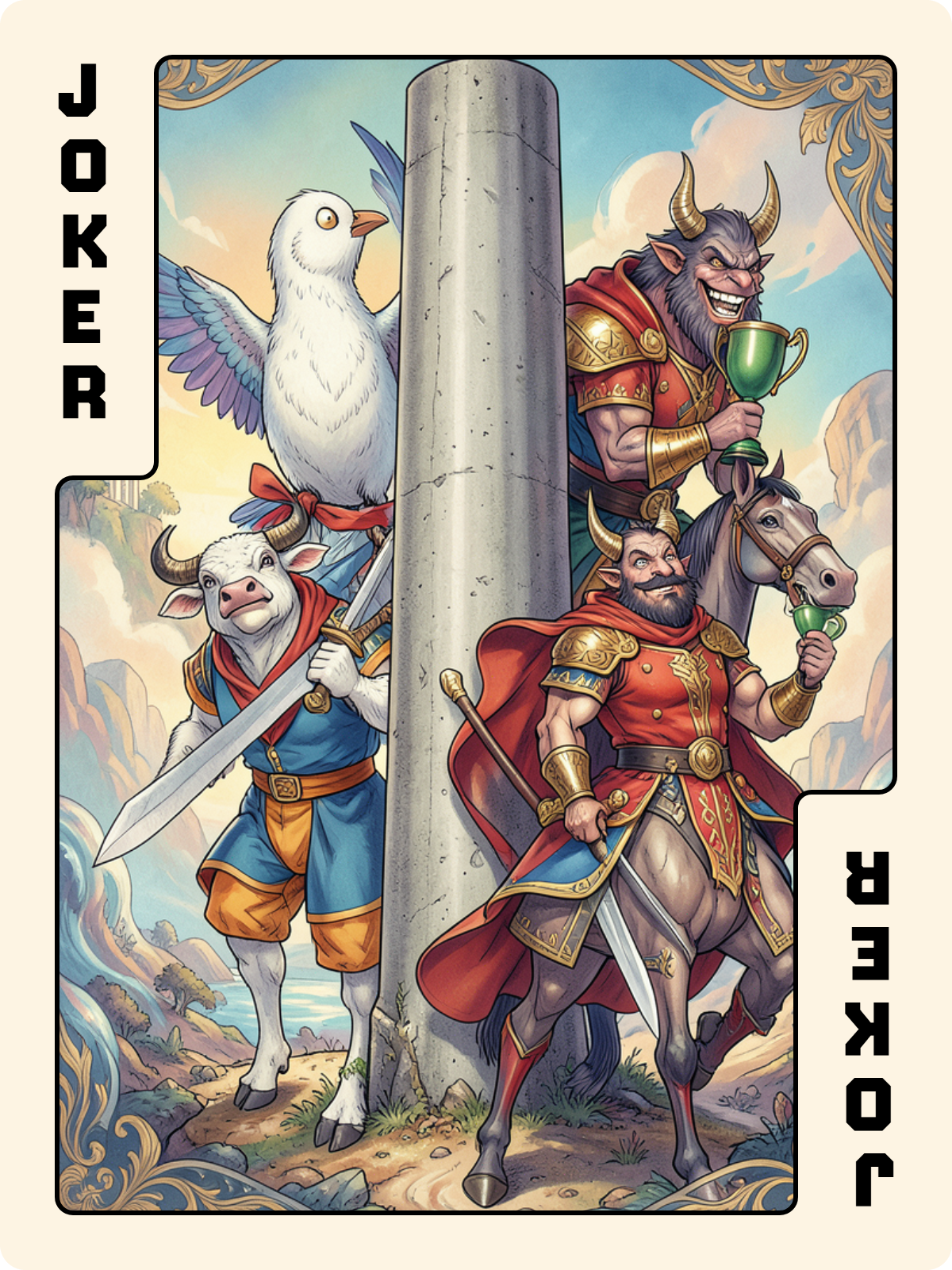 Valet d'Épée + Joker + Cavalier de Coupe