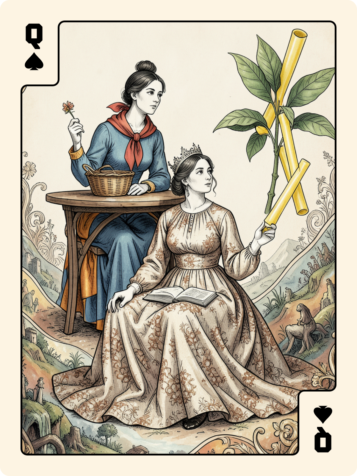 Roi de Bâton + Dame de Pique + 6 de Gland
