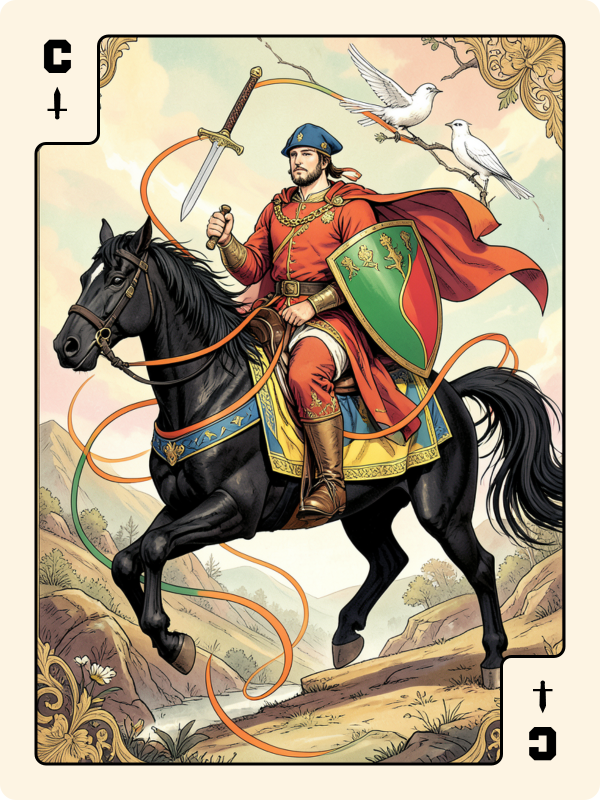 10 de Bouclier + Cavalier d'Épée + Roi de Carreau