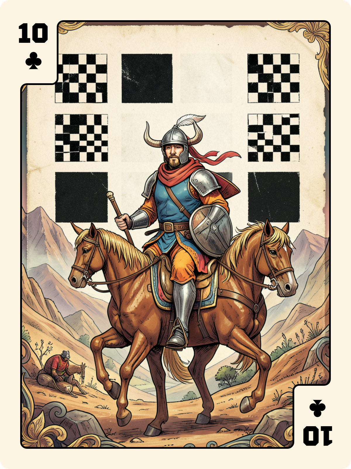 Valet d'Épée + 10 de Trèfle + Cavalier de Bâton