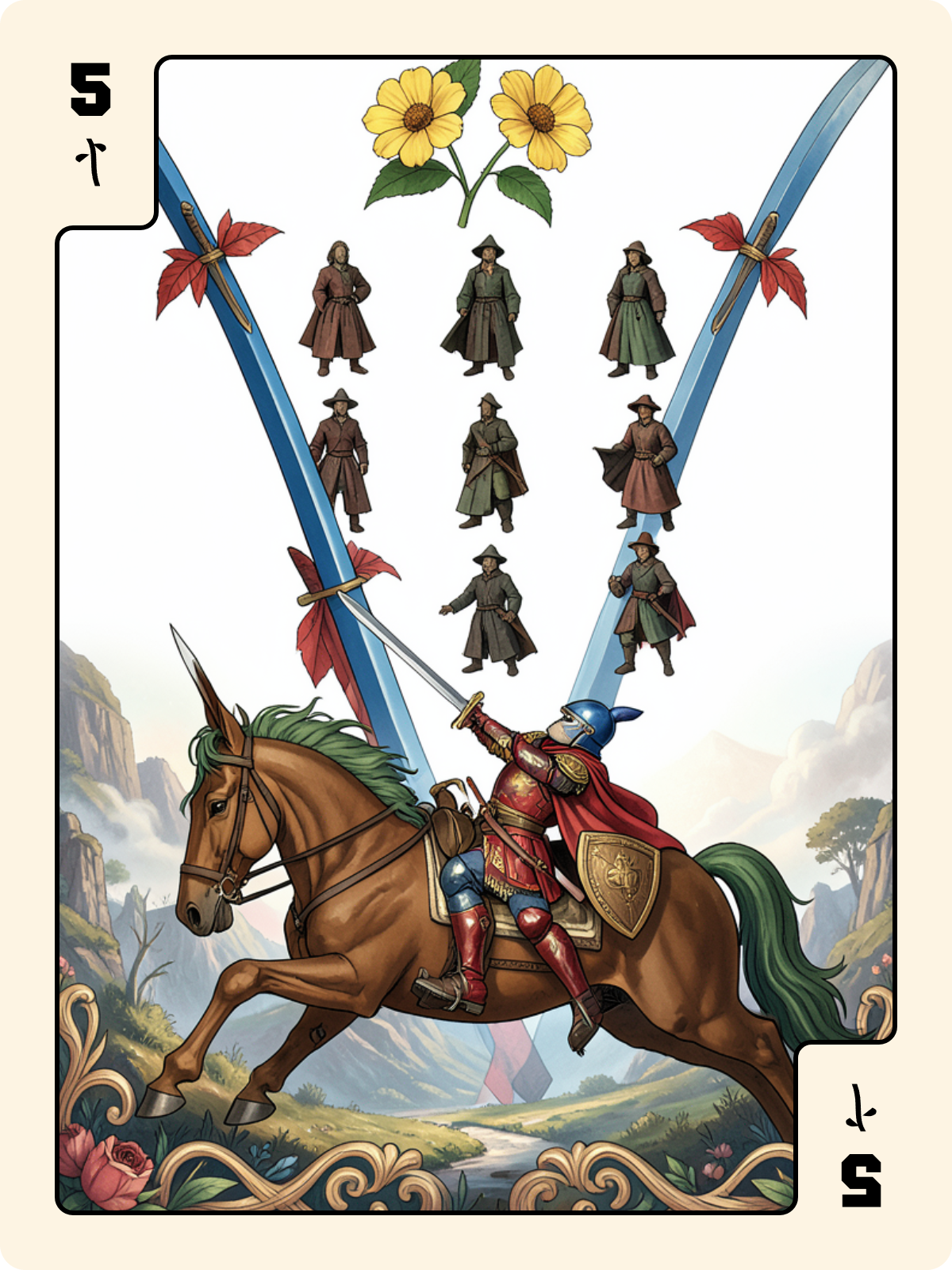 8 de Coupe + 5 de Bâton + Cavalier de Cœur