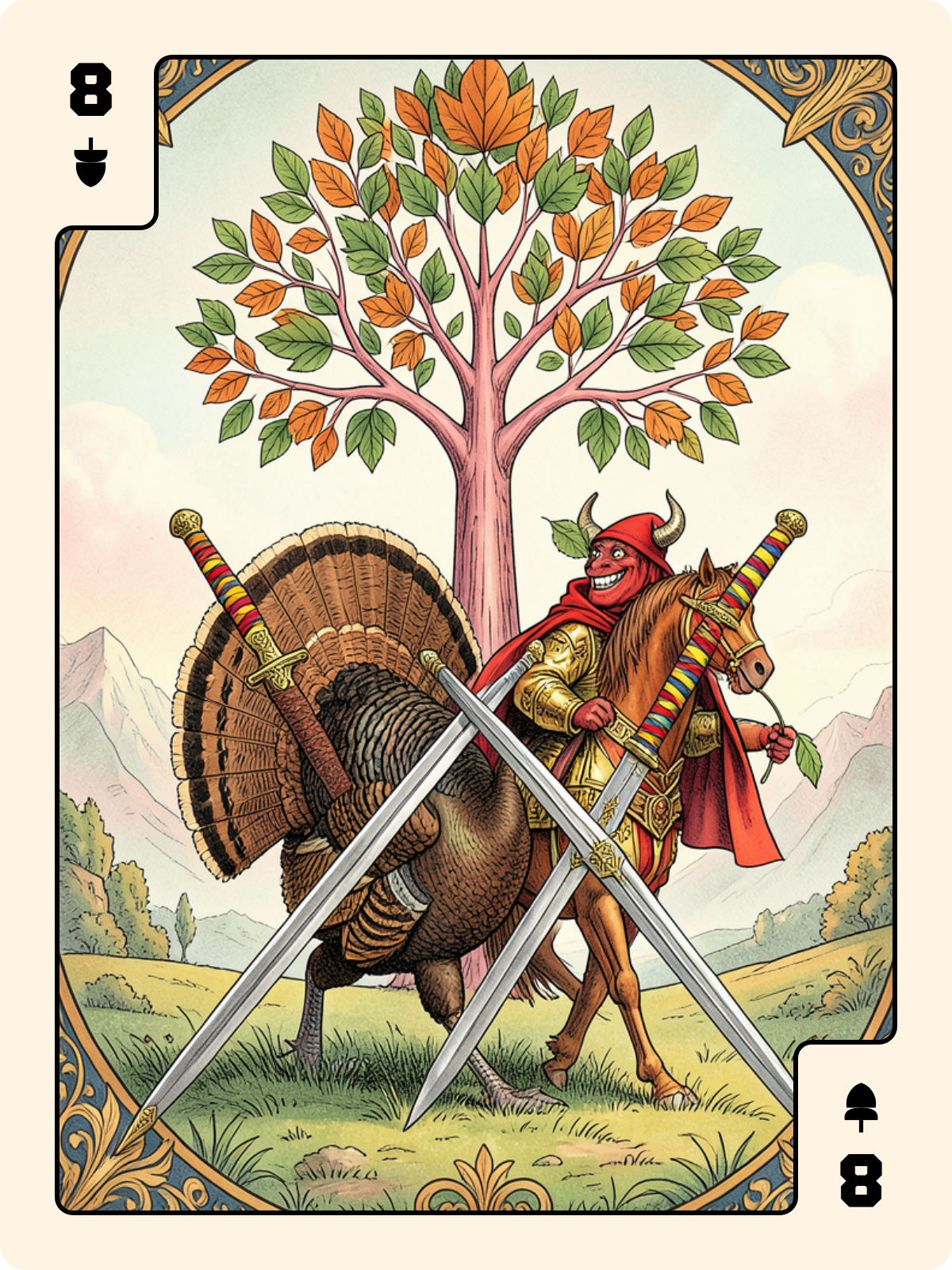 Cavalier de Coupe + 8 de Gland + 3 d'Épée