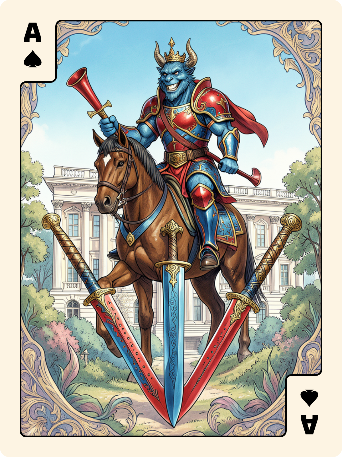 Cavalier de Coupe + As de Pique + 3 d'Épée