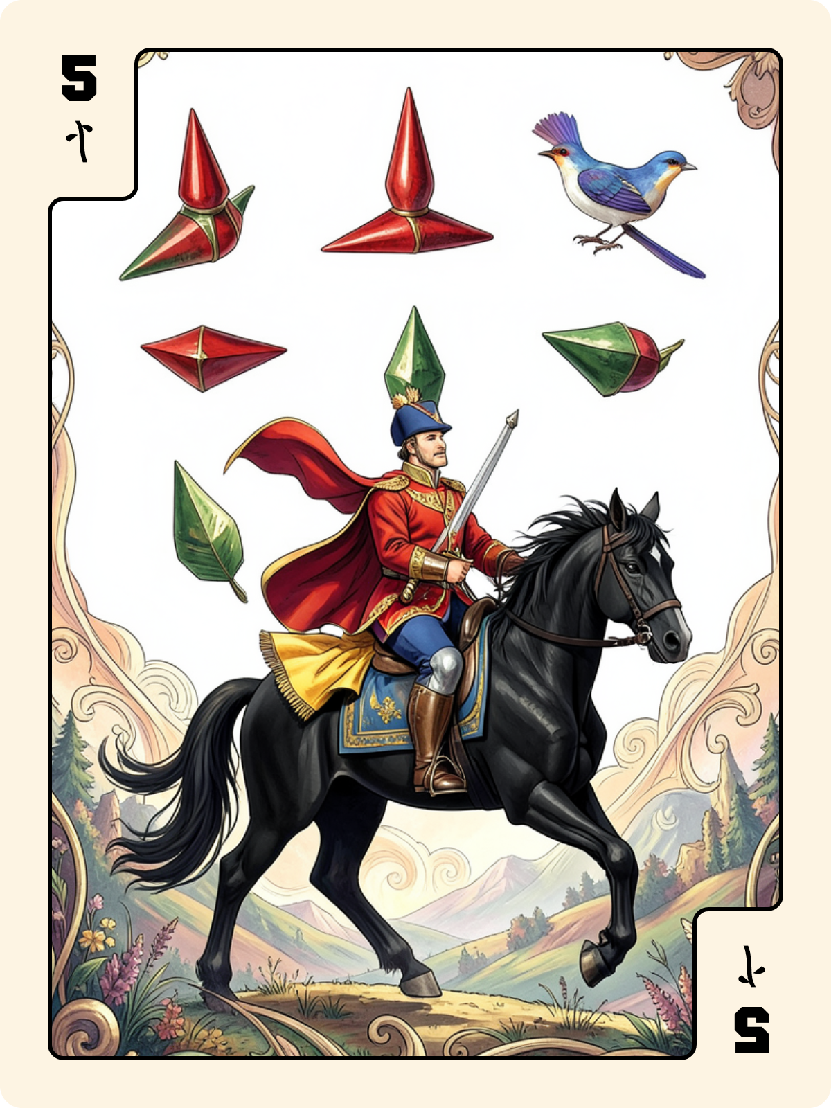 Joker + 5 de Bâton + Cavalier d'Épée