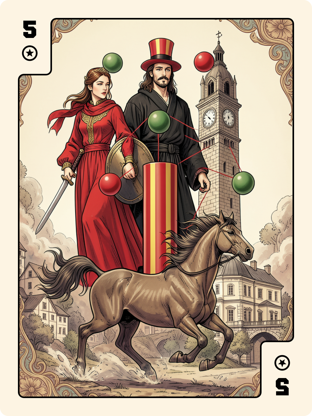 Cavalier de Carreau + 5 de Denier + 7 de Gland