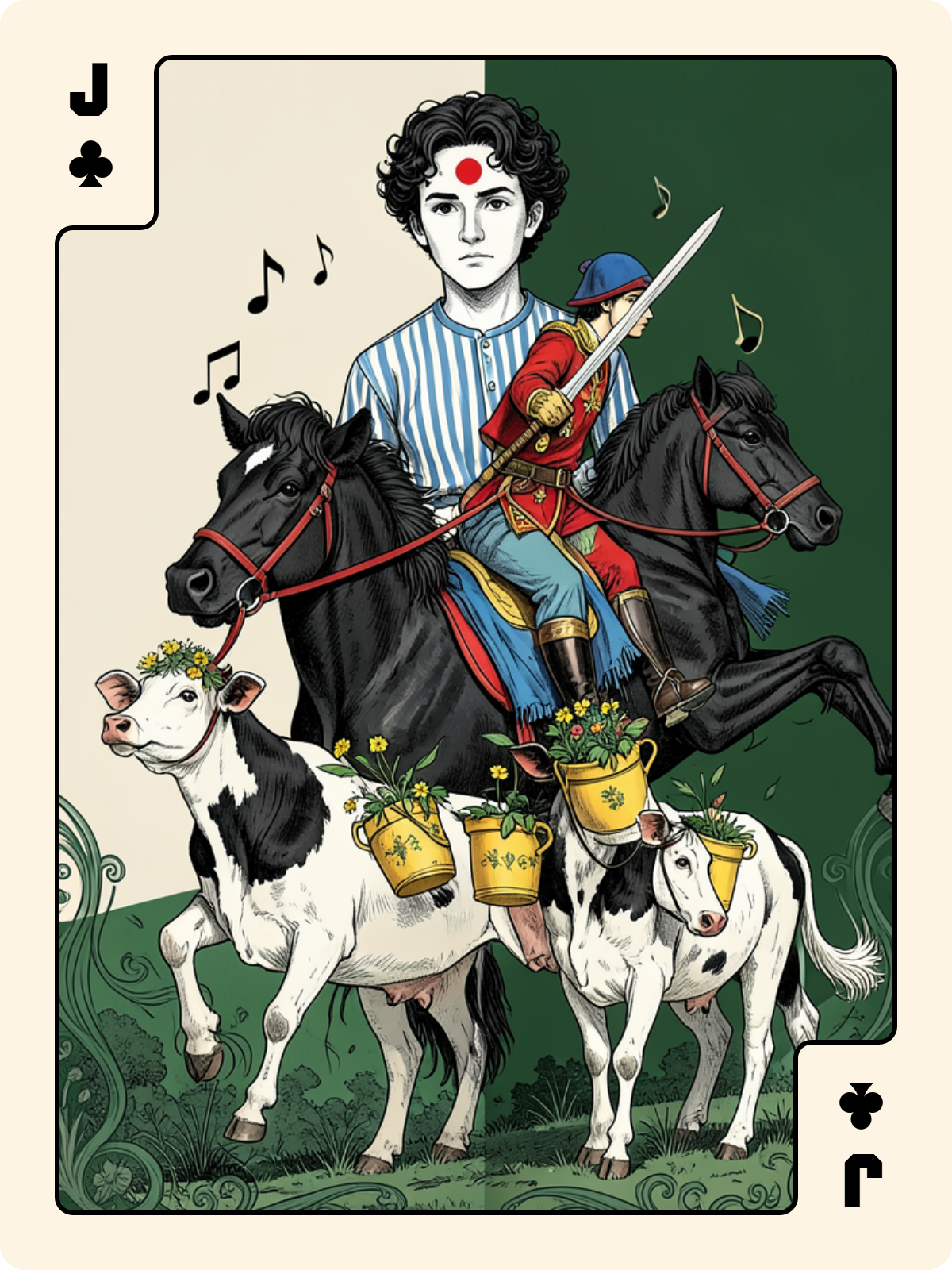 Cavalier d'Épée + Valet de Trèfle + As de Grelot