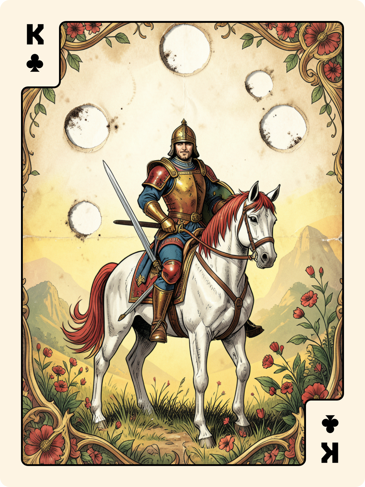 6 de Denier + Roi de Trèfle + Cavalier de Coupe