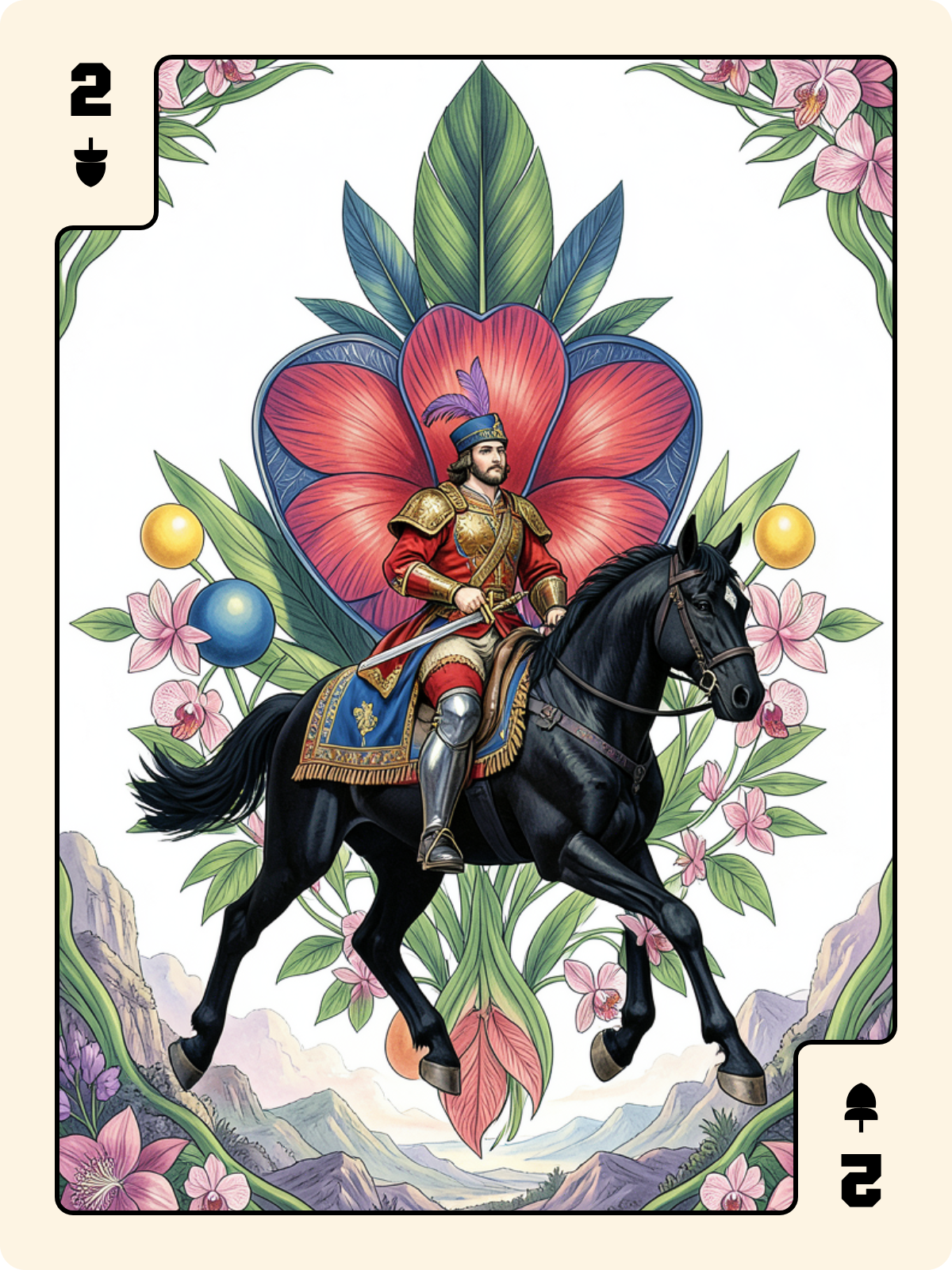 Cavalier d'Épée + 2 de Gland + As de Rose