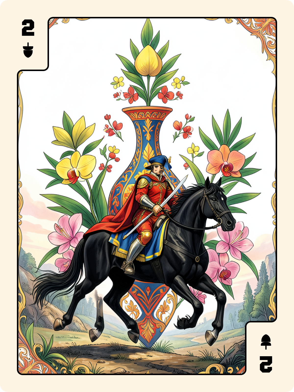 Cavalier d'Épée + 2 de Gland + As de Rose