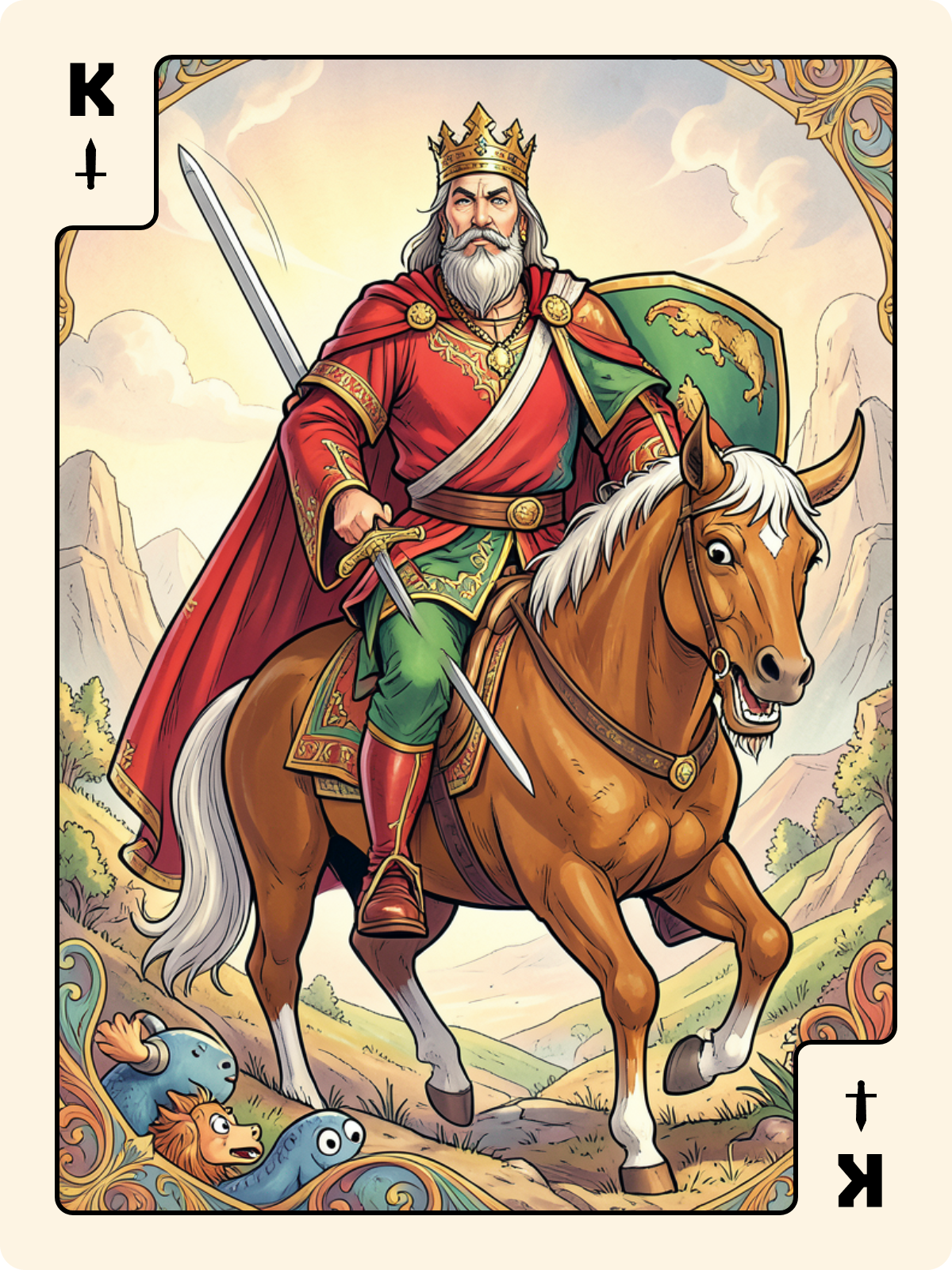 Cavalier de Carreau + Roi d'Épée + 7 de Denier