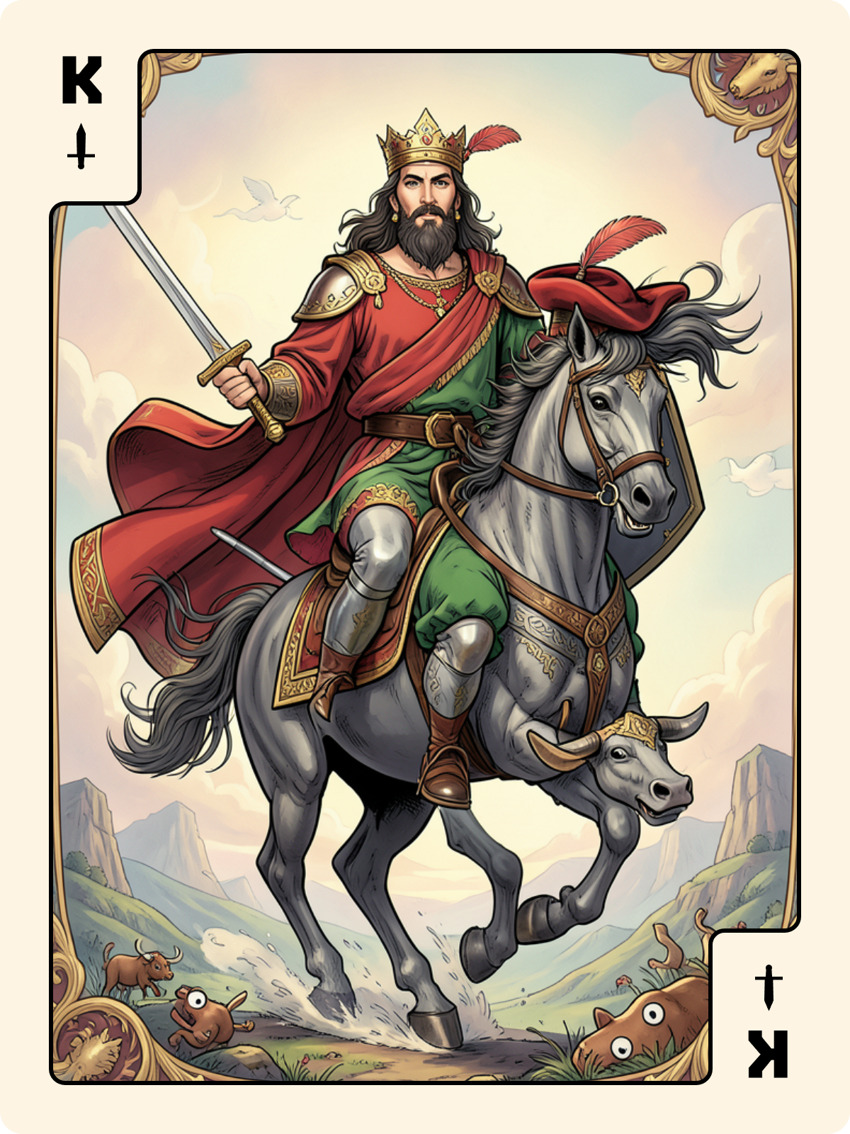 Cavalier de Carreau + Roi d'Épée + 7 de Denier