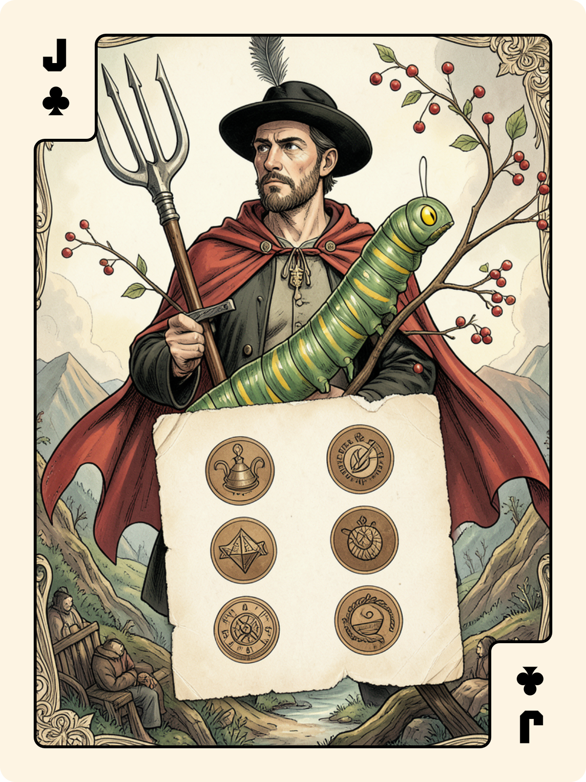 As de Bâton + Valet de Trèfle + 6 de Grelot