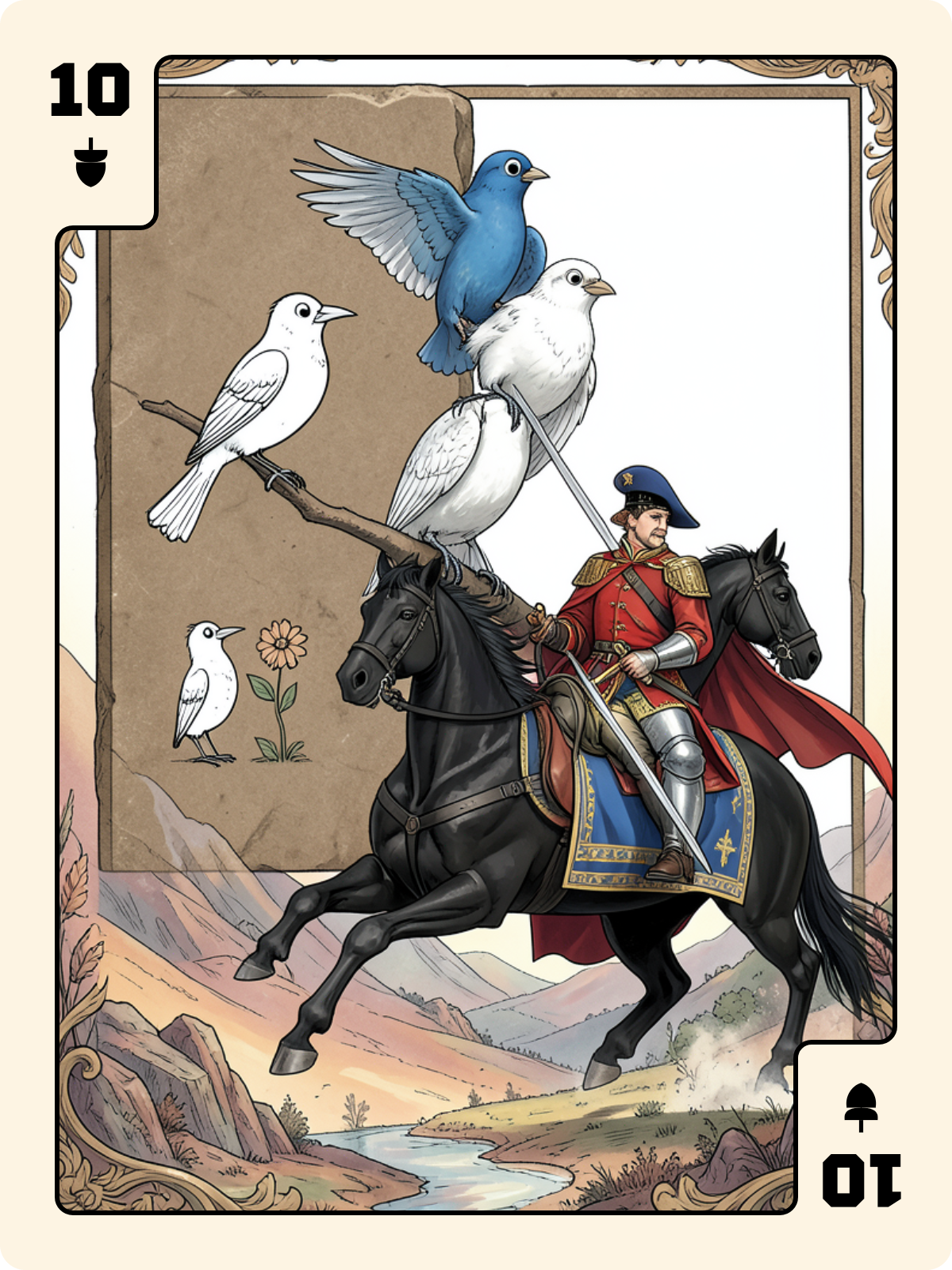 Roi de Trèfle + 10 de Gland + Cavalier d'Épée